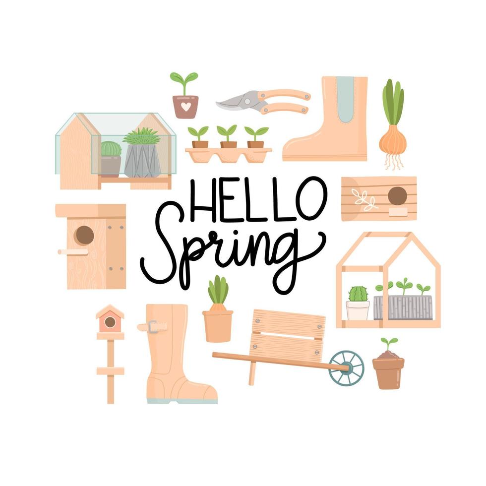 Hello spring set, flat design vector illustration