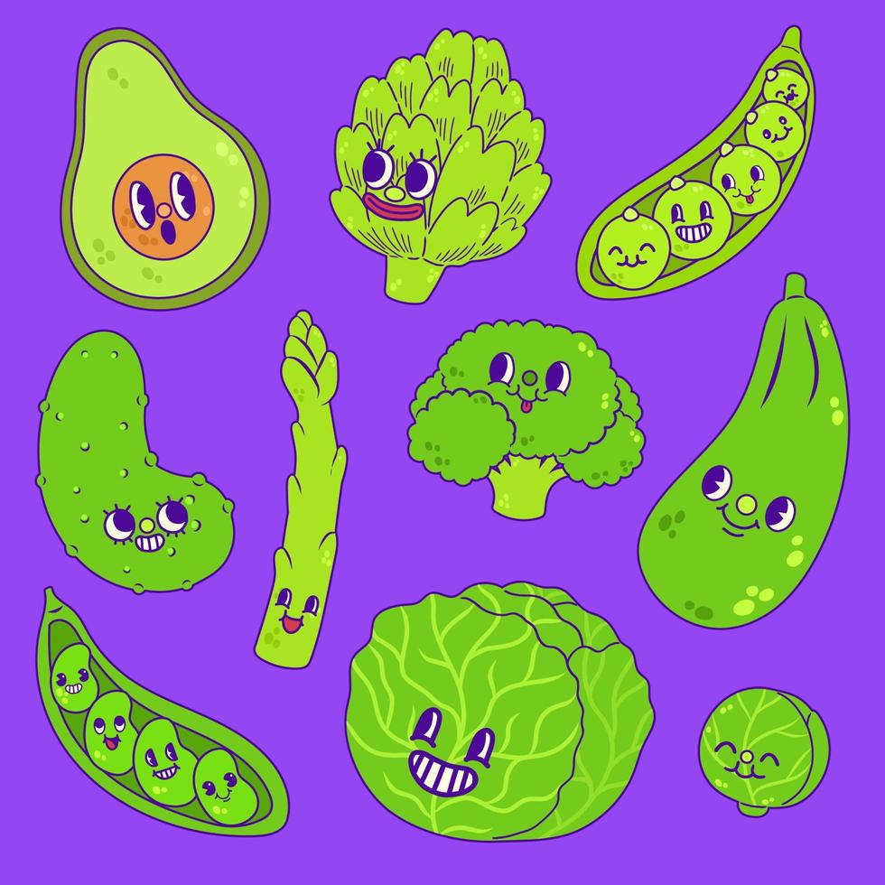 verduras de dibujos animados de moda dibujadas a mano, ilustración vectorial vector