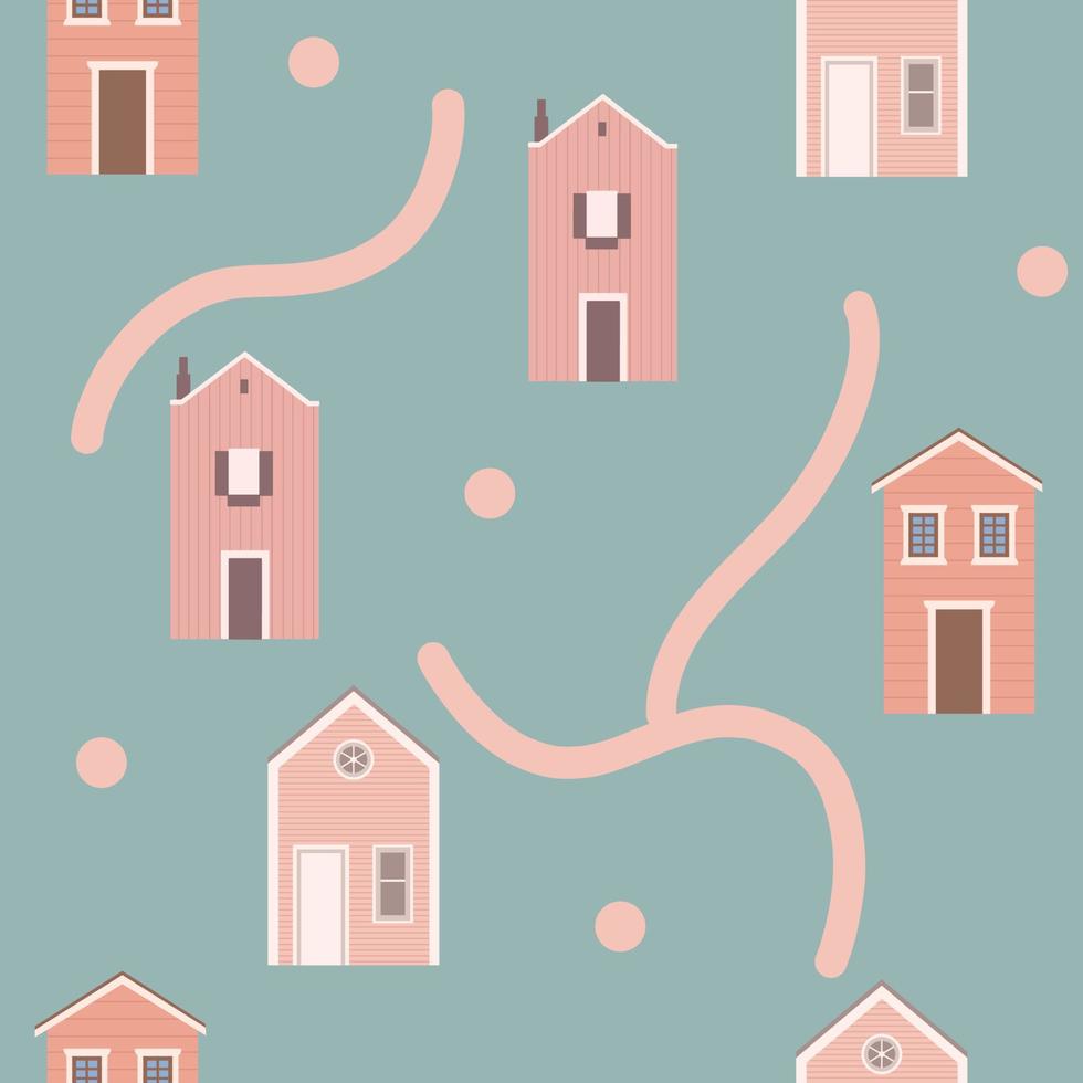 House seamless pattern with road, vector illustration