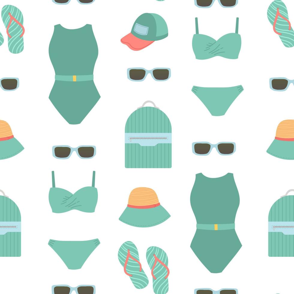 Ilustración de vector de patrones sin fisuras de verano, diseño plano de trajes de baño
