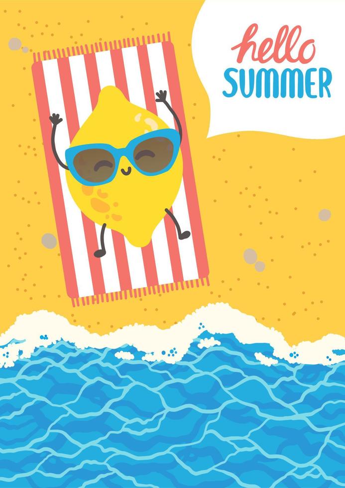 Hello summer colorful postcard, flat design vector illustration