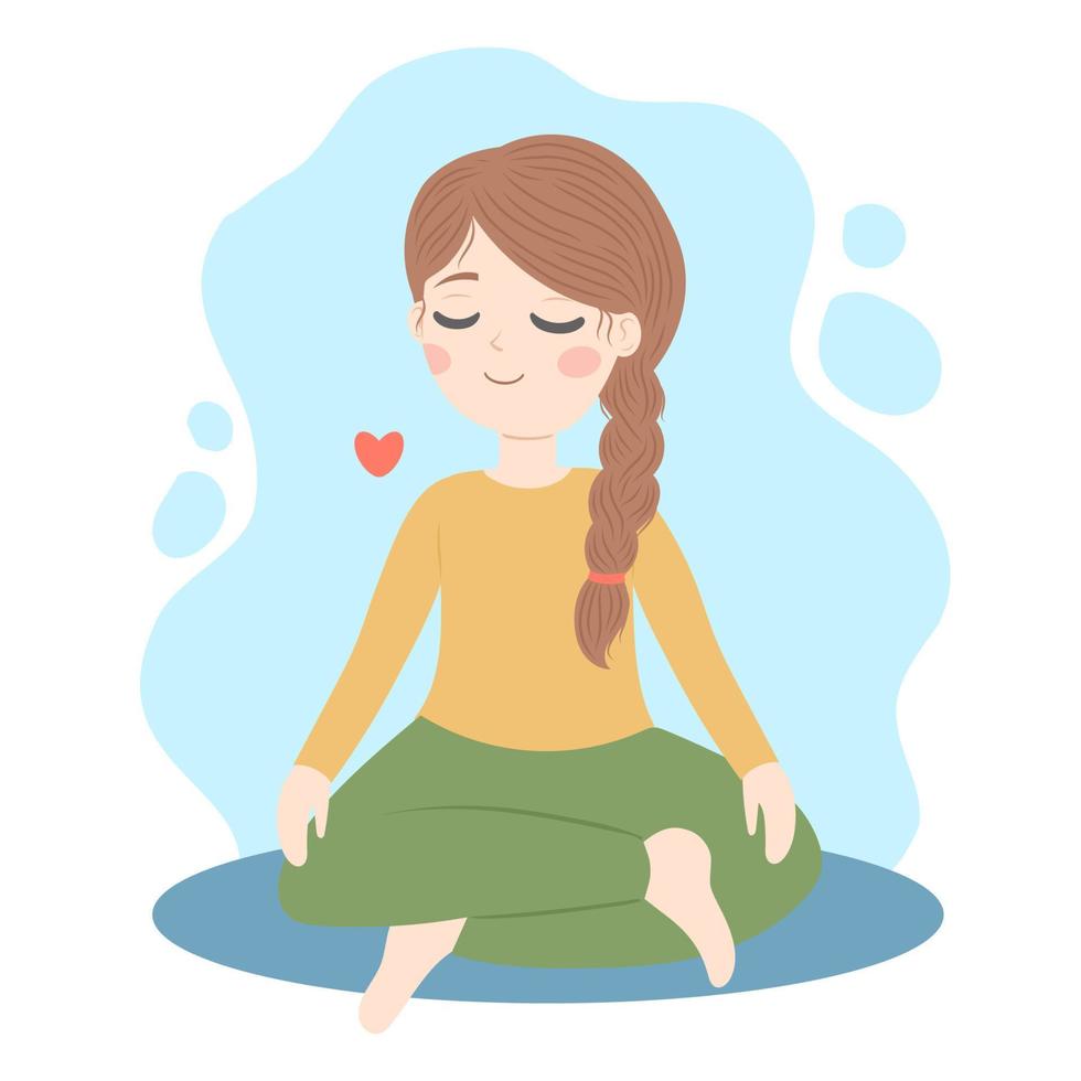 Girl sitting on a floor in meditation, relax yoga practice, vector illustration