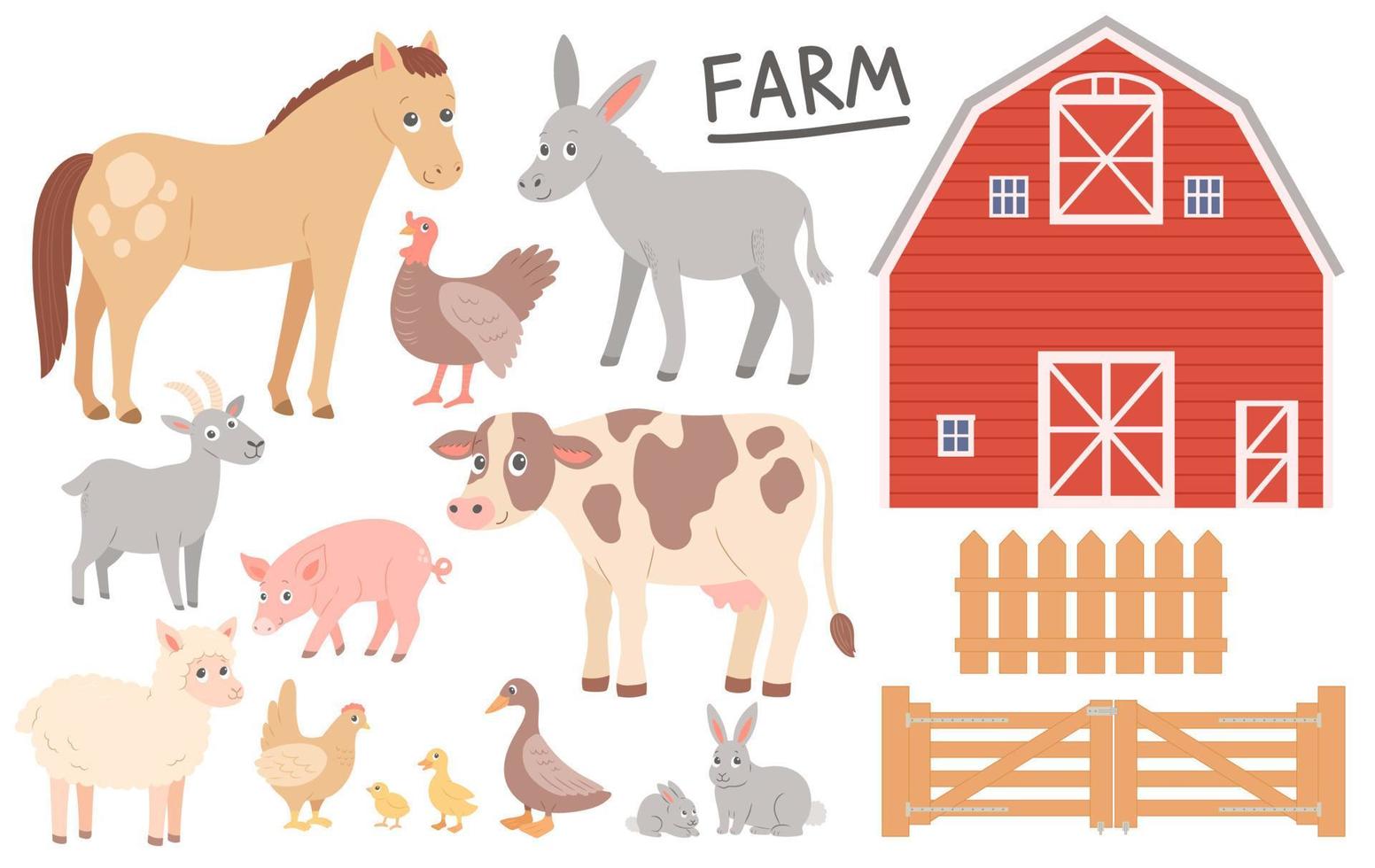 Farm animals, barn and fence. Vector illustration