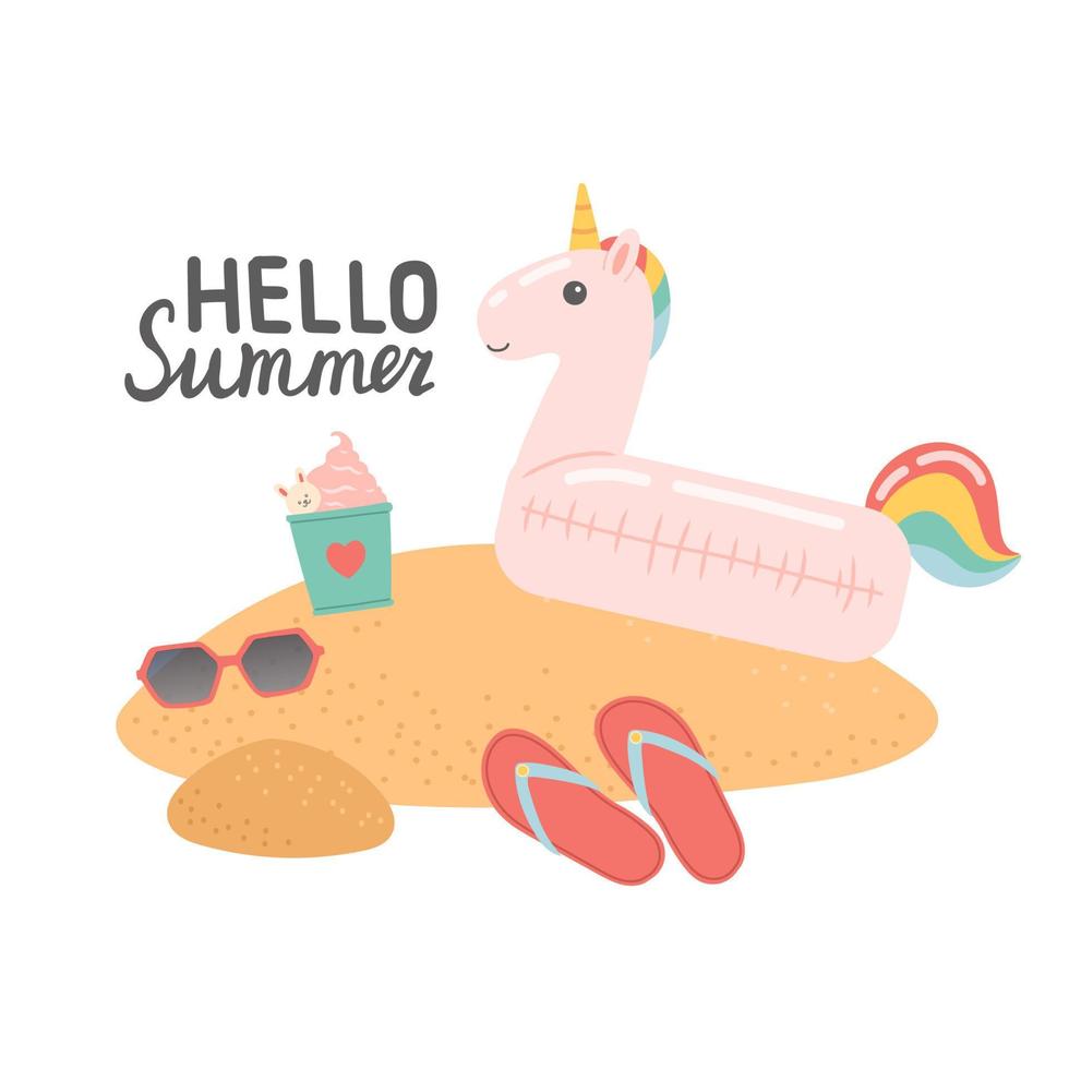 Hello summer set of elements on sand, vector illustration