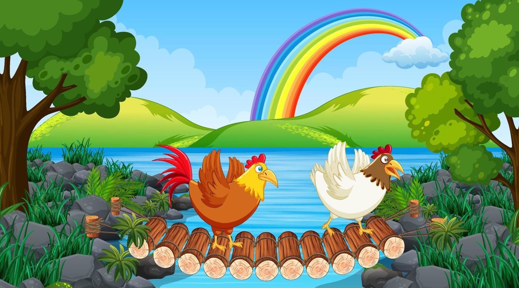 Park scene with two chickens on the bridge vector