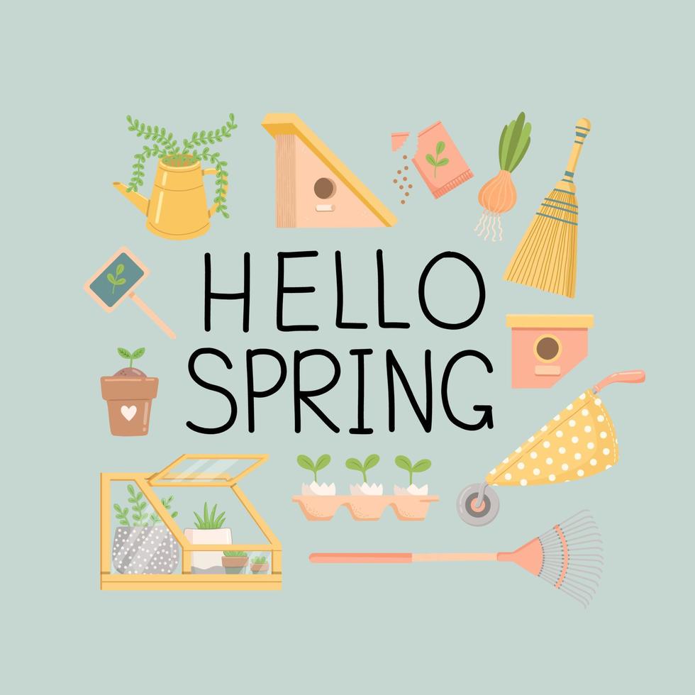 Hello spring set, flat design vector illustration