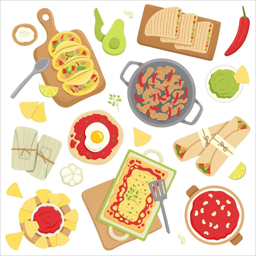 comida mexicana con diferentes platos, vector