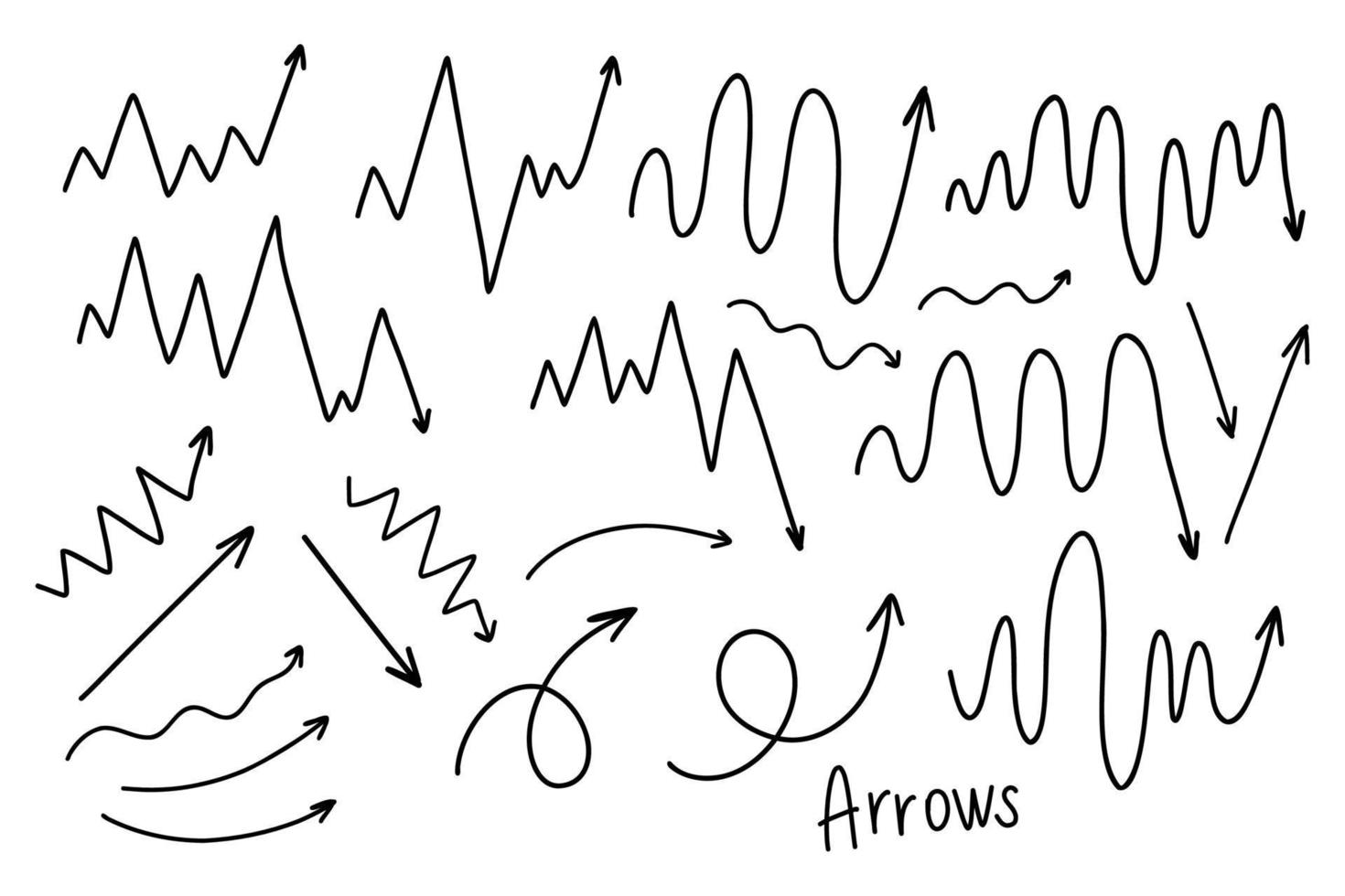 Different arrows and diagram doodle set, black and white vector illustration