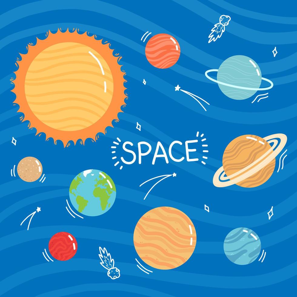 Planets of the universe, space flights, vector illustration