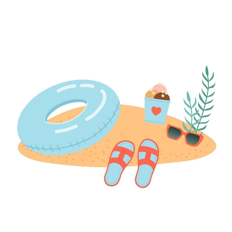 Hello summer set of elements on sand, vector illustration