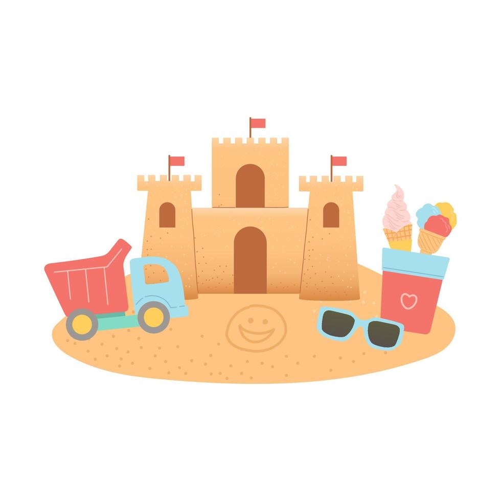 Hello summer set of elements on sand, vector illustration