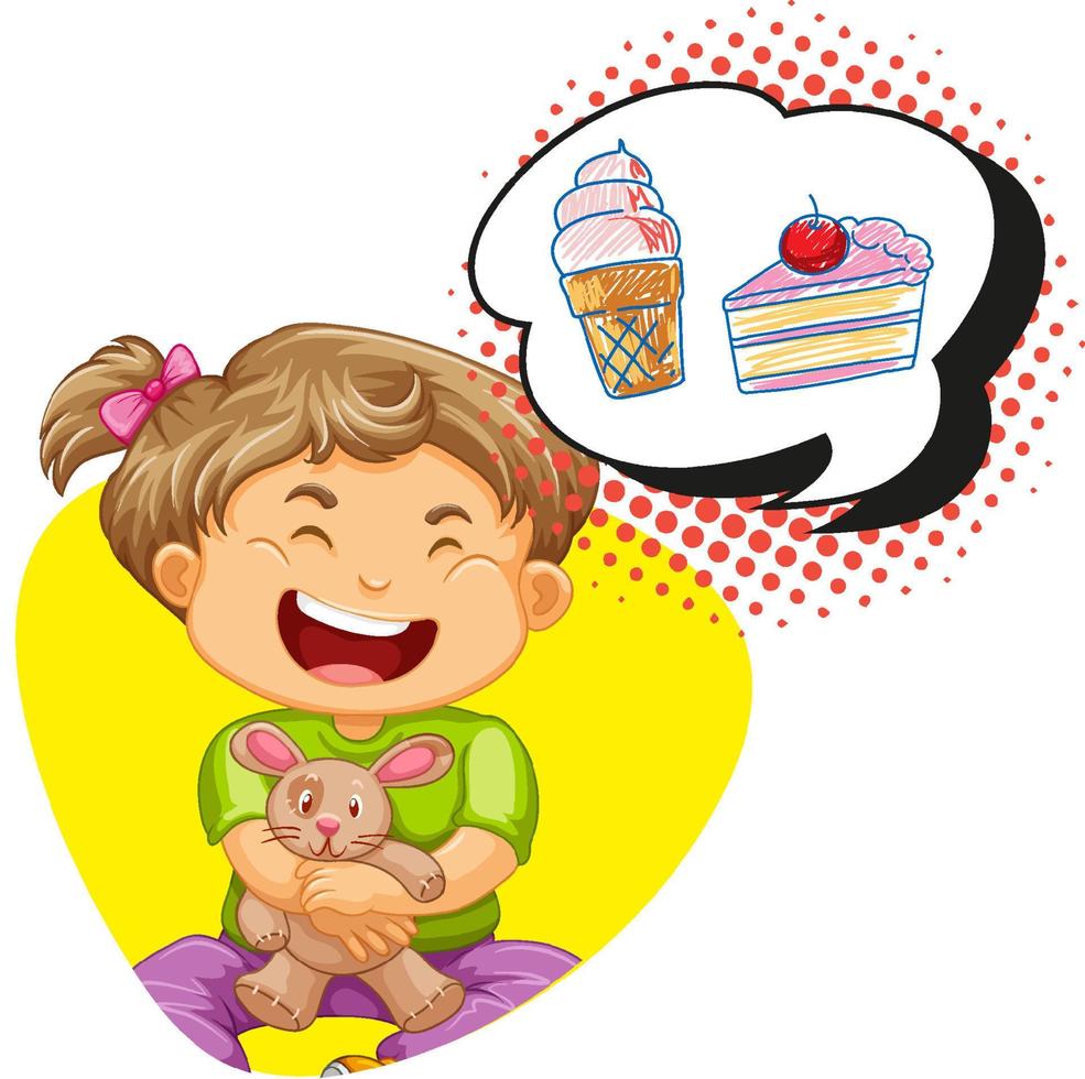 Girl thinking of icecream and cake vector