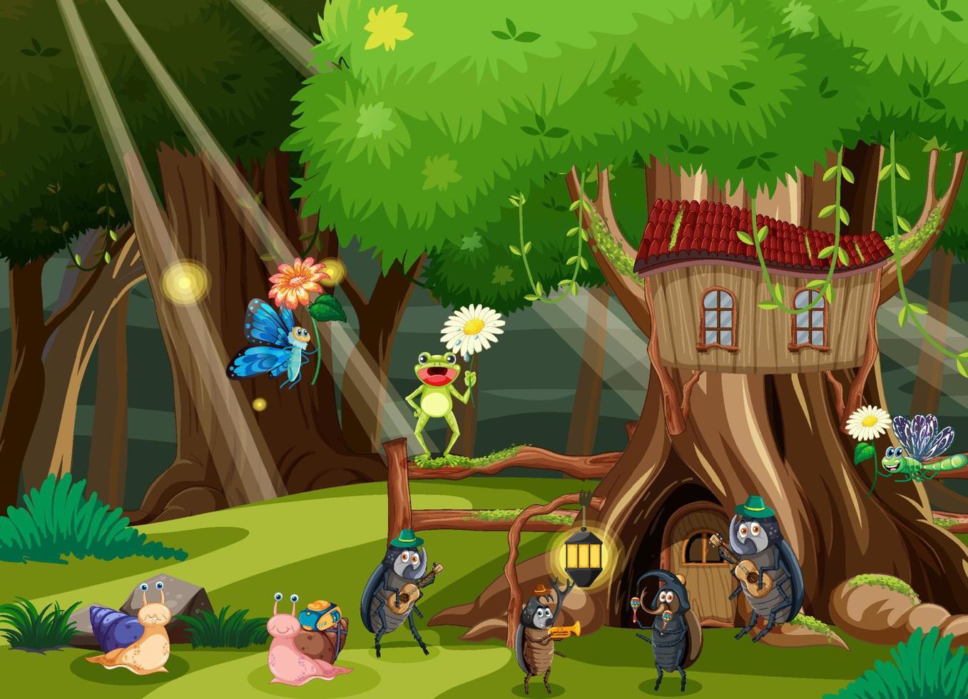 Fantasy forest with cartoon insects vector