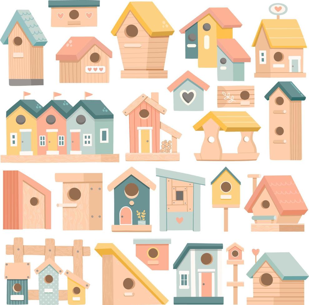 Spring set of wooden colorful birdhouses, flat design vector illustration