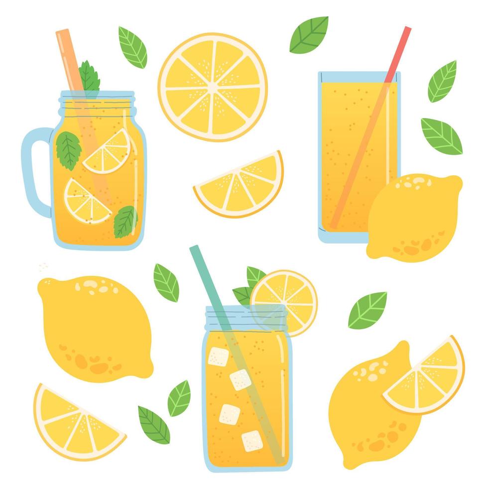 conjunto de verano de limón con limonada y hielo en diferentes vasos, ilustración vectorial de diseño plano vector