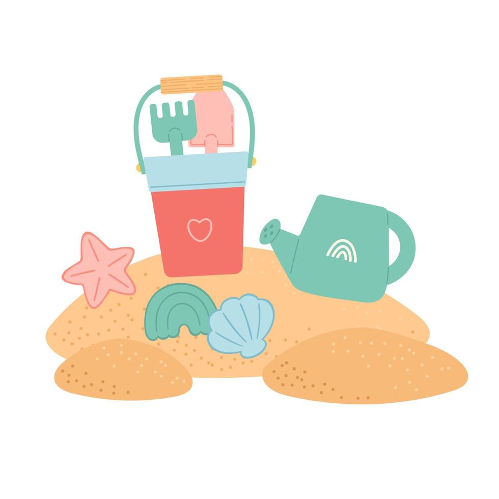 Hello summer set of elements on sand, vector illustration