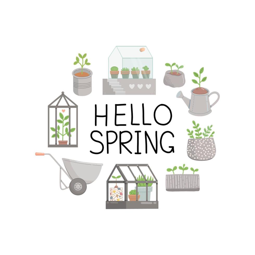 Hello spring set, flat design vector illustration