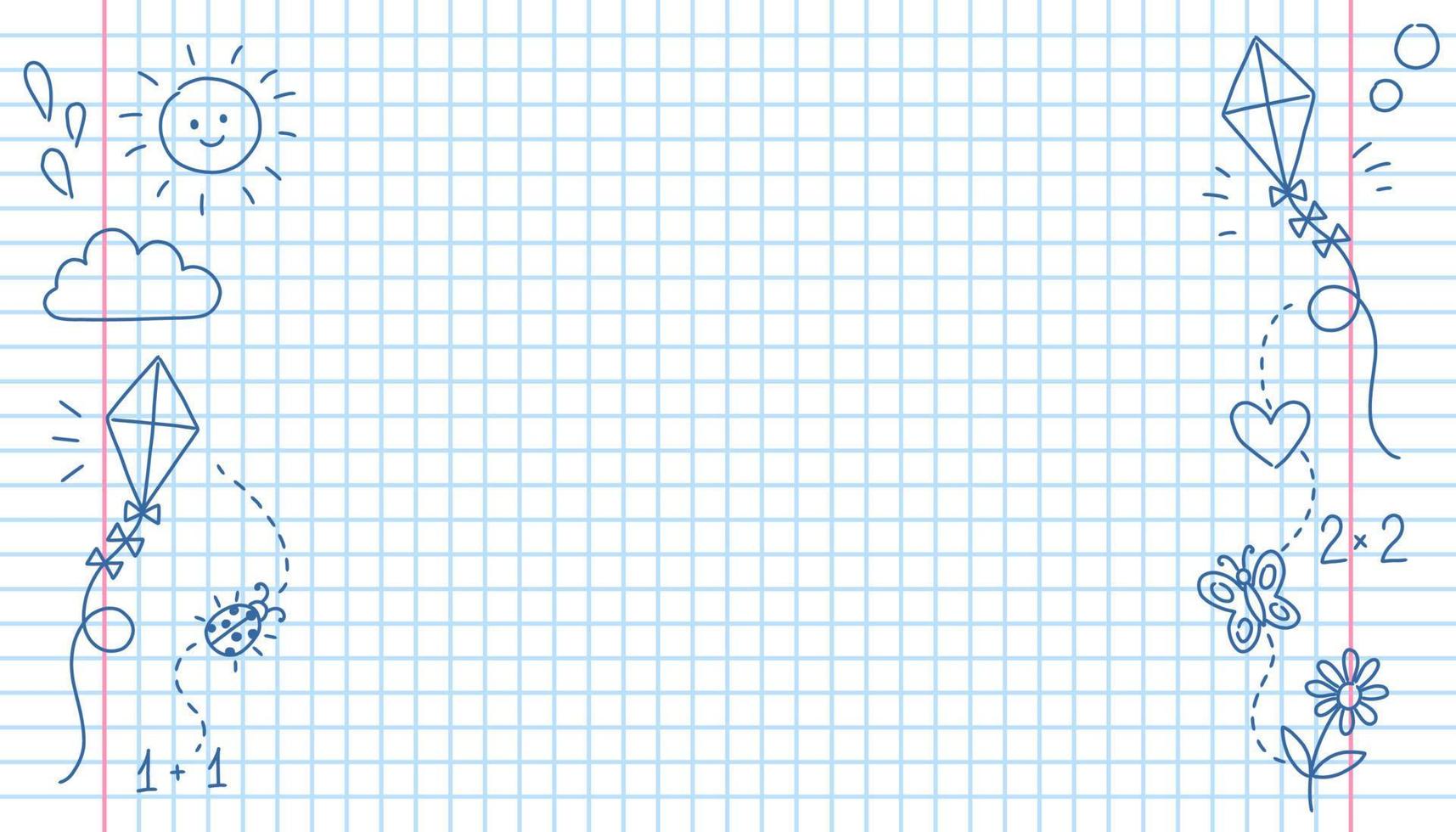 Simple background with checkered notebook and pen doodles, vector illustration for school