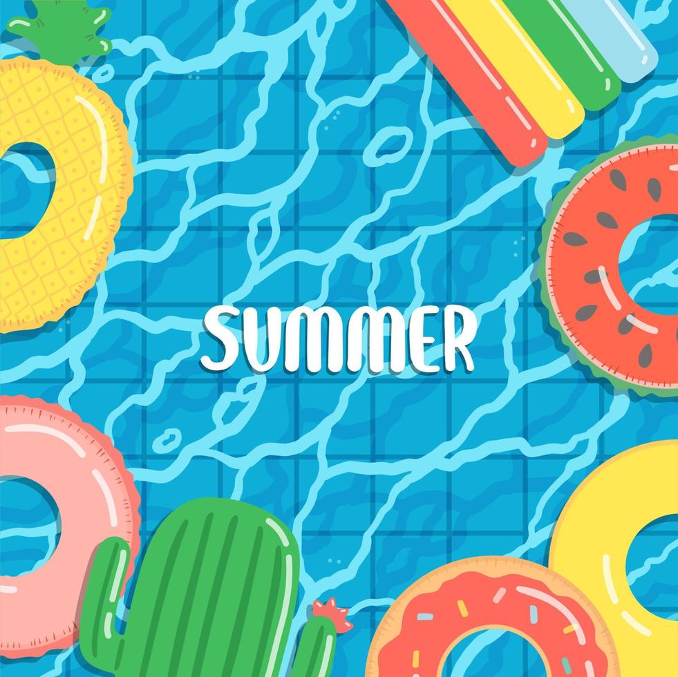 Hello summer banner vector illustration, rubber ring floating on water in swimming pool