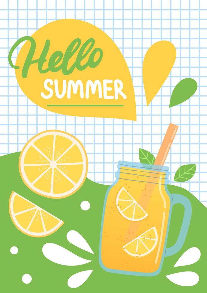 Hello summer colorful postcard, flat design vector illustration