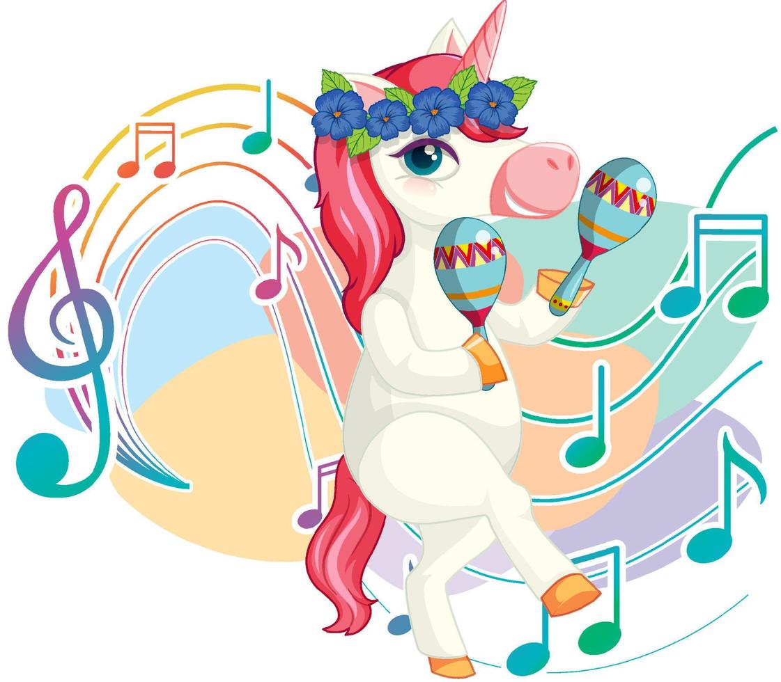 Cute pink unicorn shaking maracas with music notes on white background vector