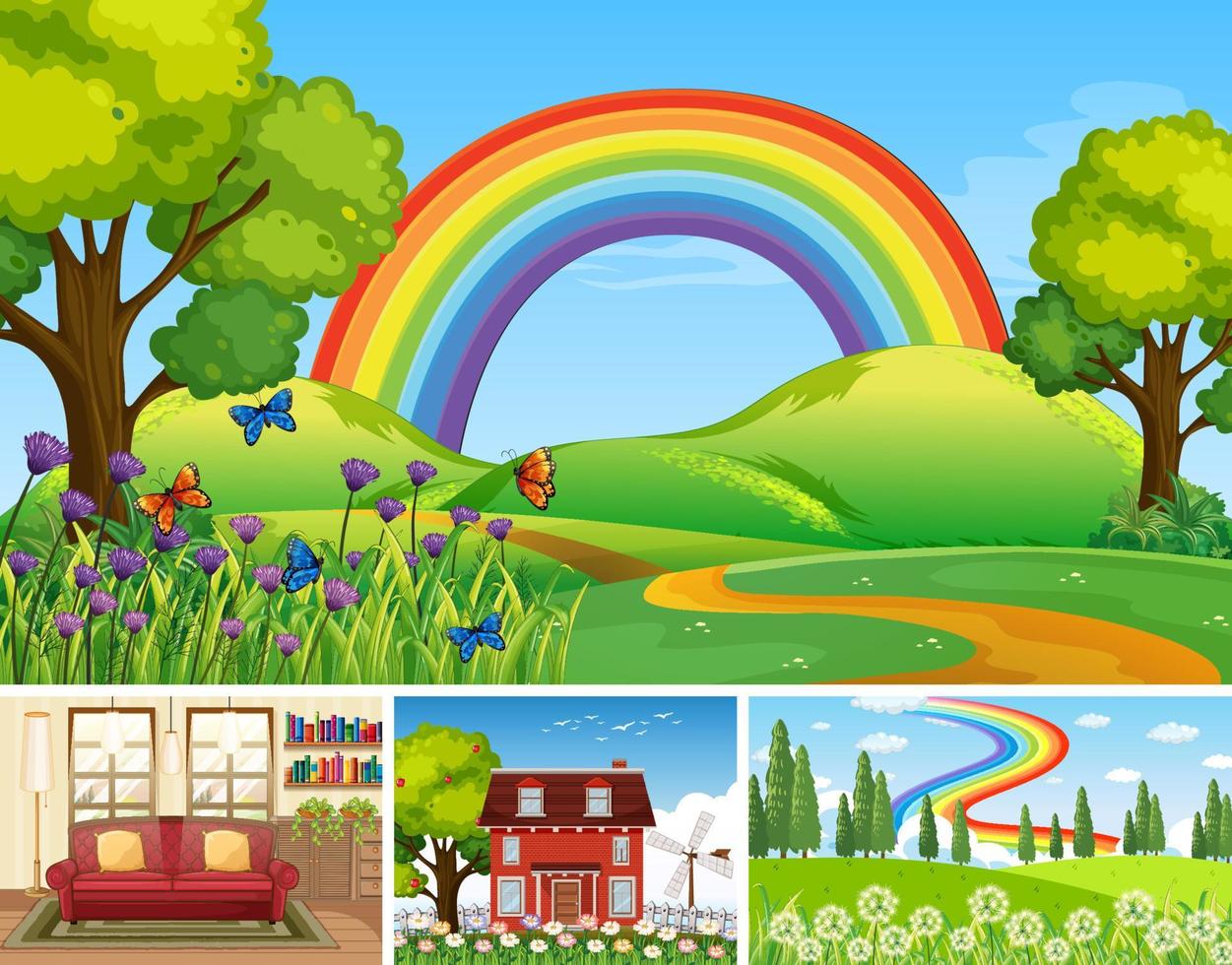 Four different scenes with green fields vector