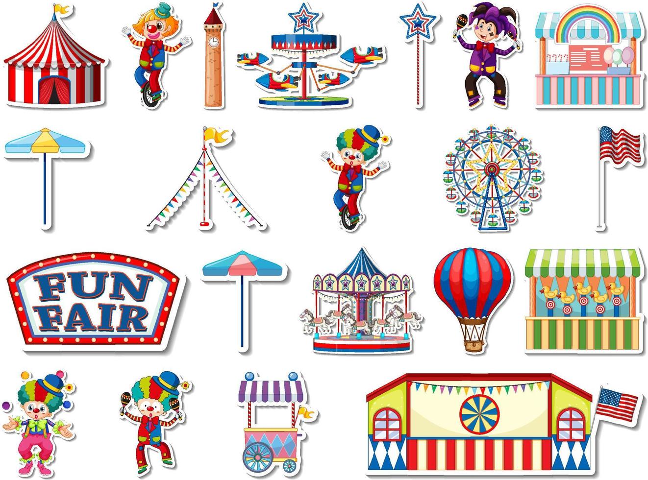 Sticker set of amusement park and fun fair objects vector