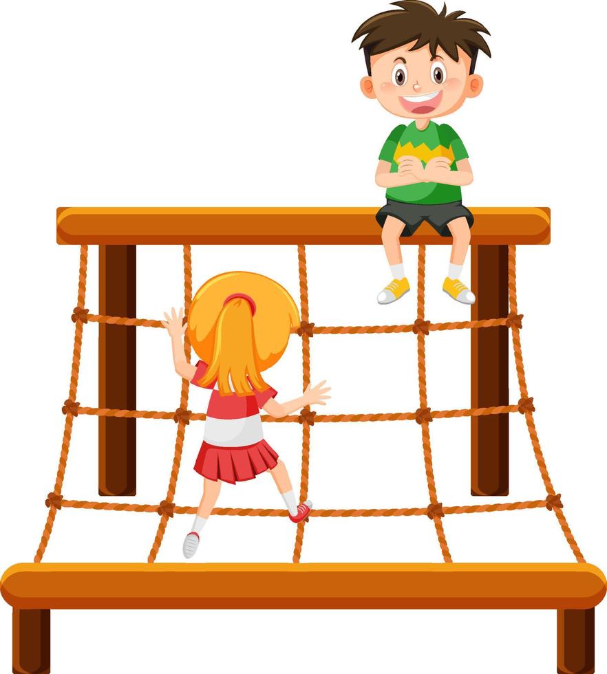 Children climbing on rope wall vector