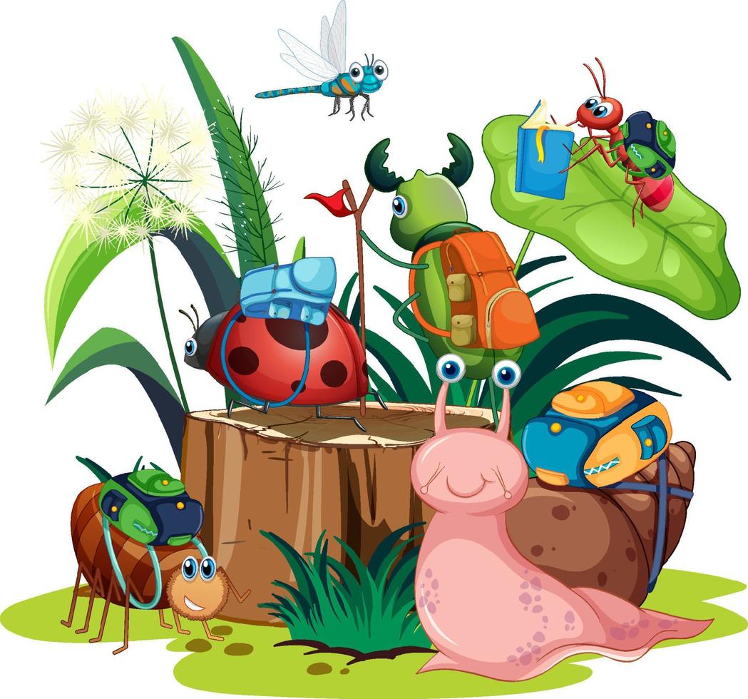 lindo caracol e insectos en estilo de dibujos animados vector