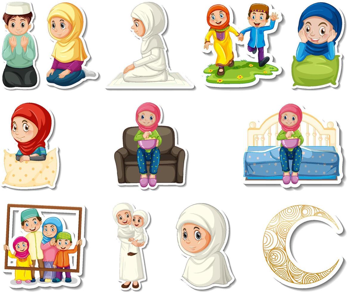 Sticker set of Islamic religious symbols and cartoon characters vector