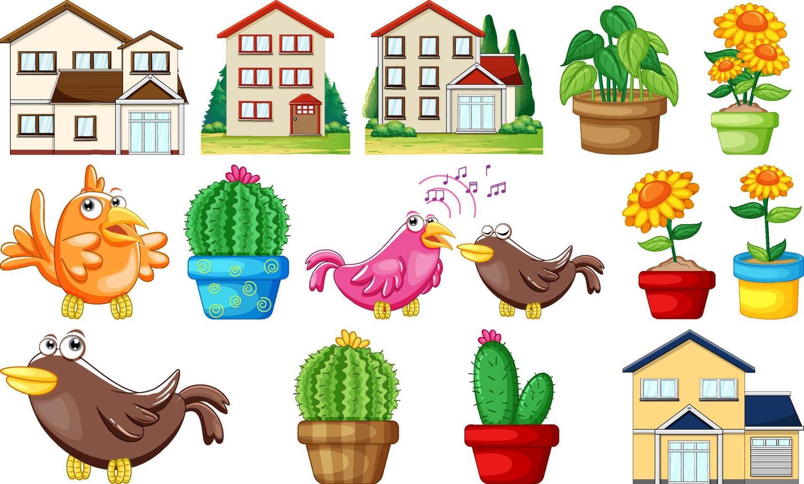 Different house designs and cute birds vector