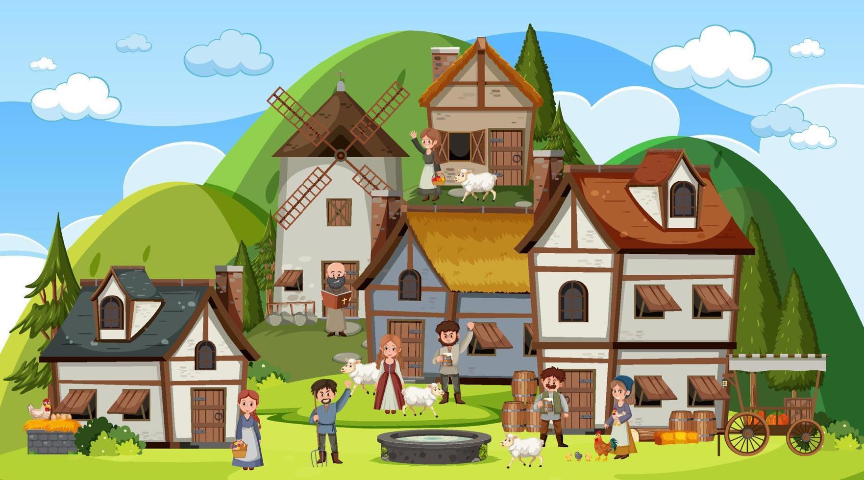 Medieval town scene with villagers vector