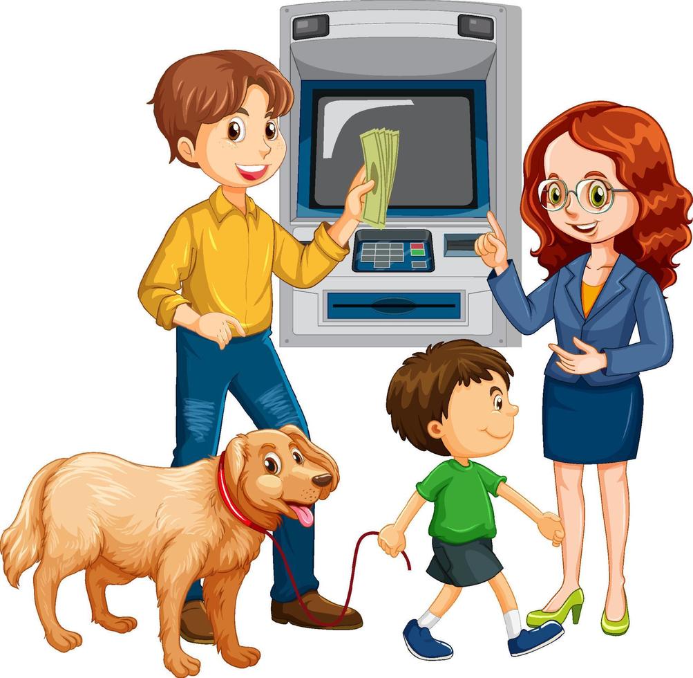A man withdraw money from atm machine and his family cartoon character vector