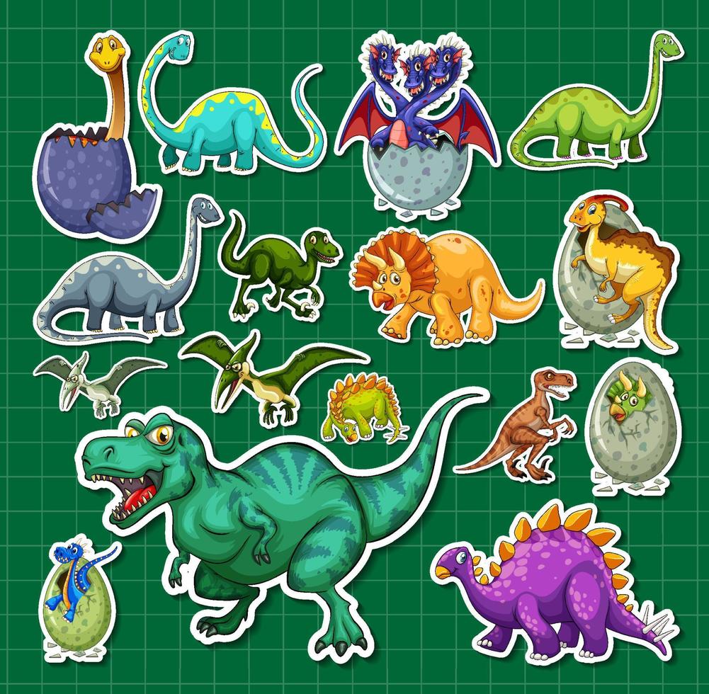 Sticker set of different dinosaur cartoon characters vector