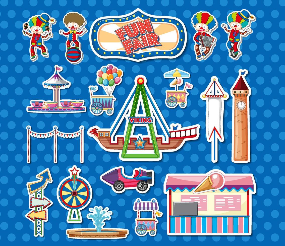 Sticker set of amusement park objects and cartoon characters vector