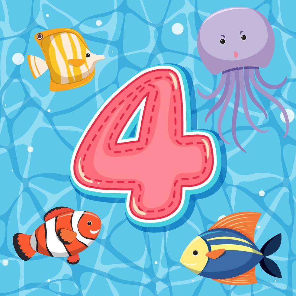 Number four with sea animals vector