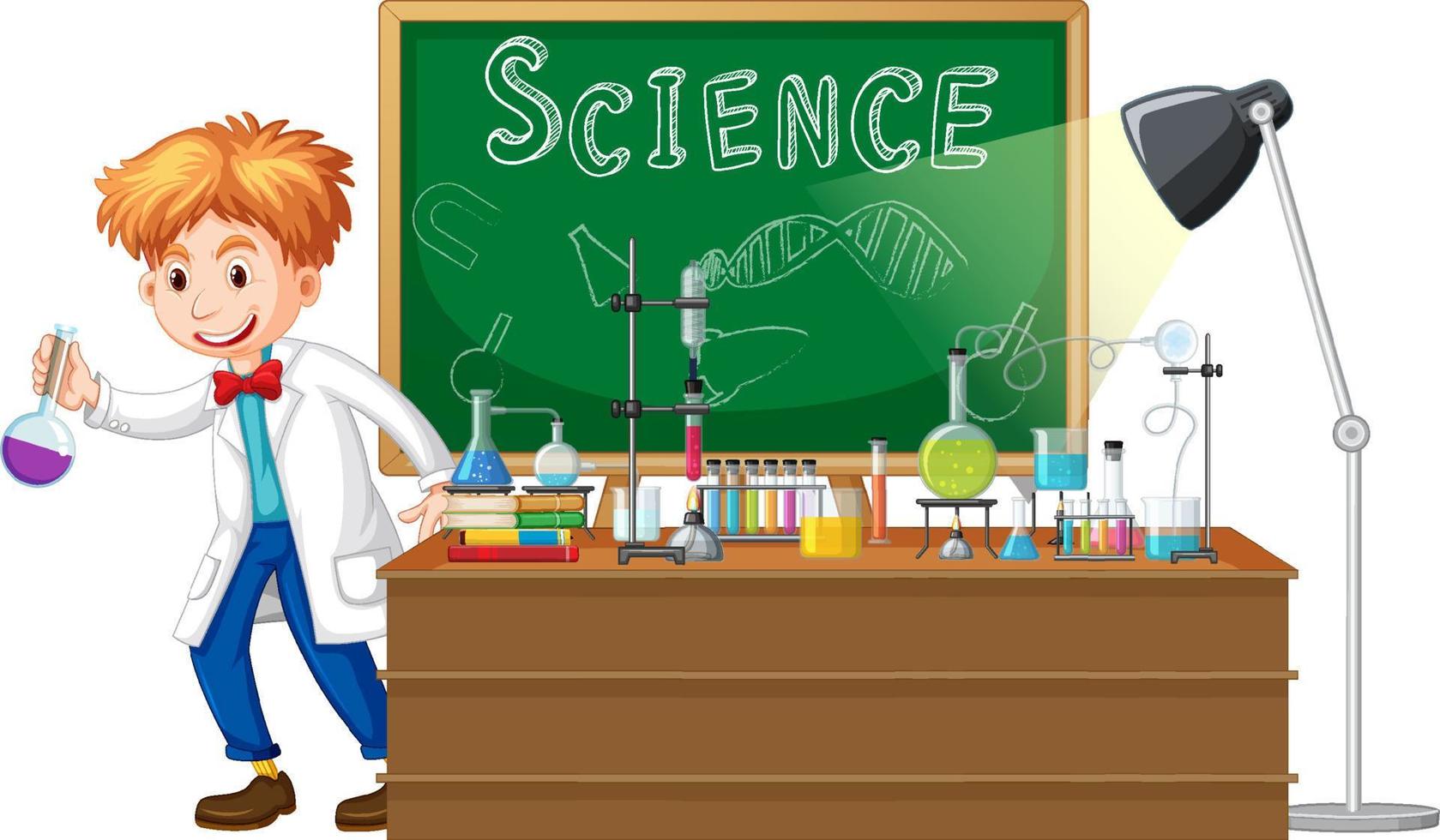 personaje de dibujos animados científico con objetos de laboratorio de  ciencias 7375142 Vector en Vecteezy