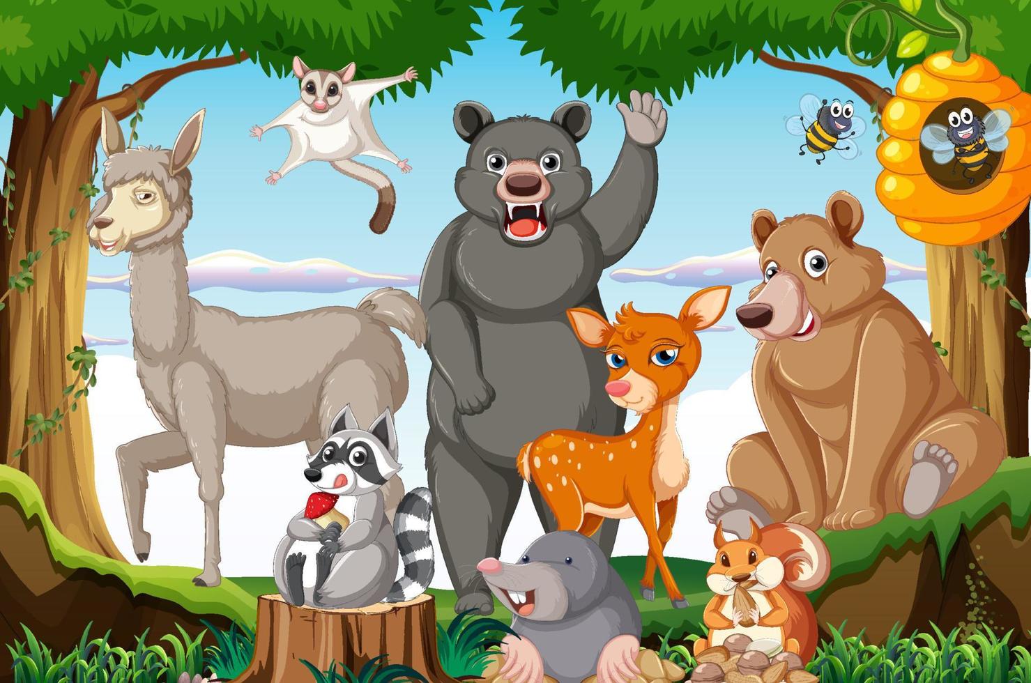 Scene with wild animals in the woods vector