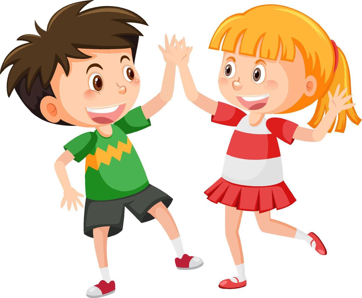 Cheerful boy and girl in greeting gesture vector