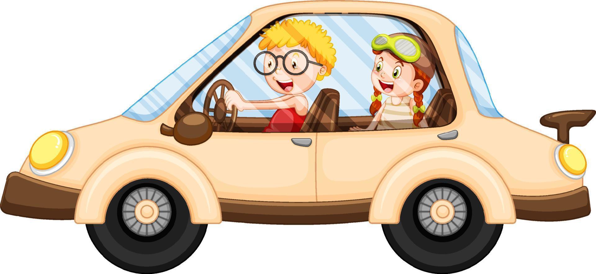 niños de dibujos animados en un coche aislado vector