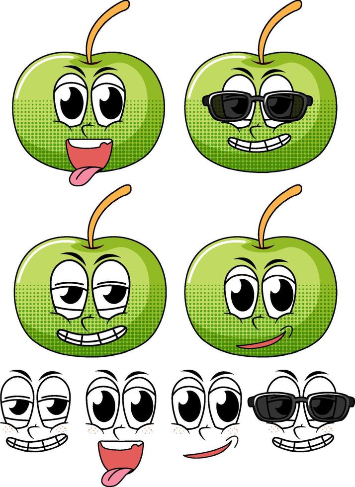 conjunto de dibujos animados de estilo vintage de expresión facial con manzana sobre fondo blanco vector