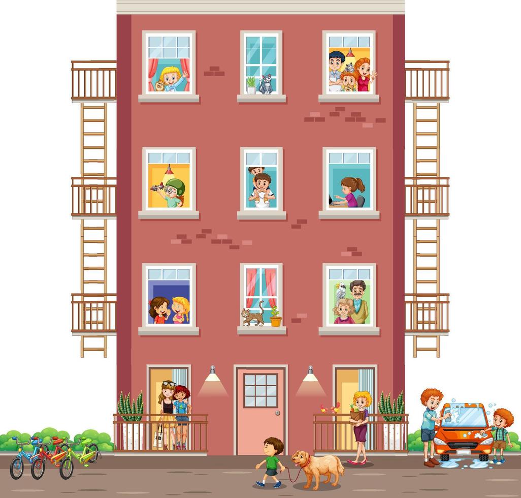 Apartment windows with neighbors cartoon character vector