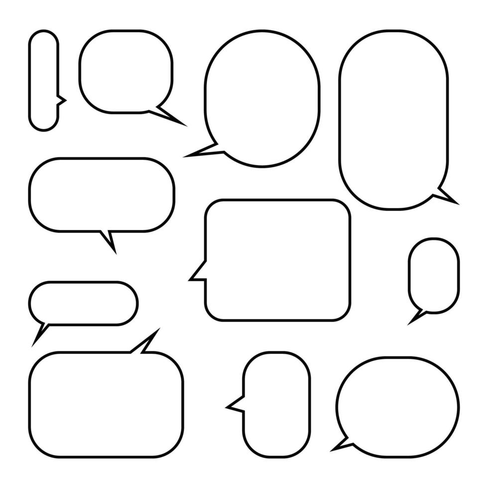 Set of white speech bubbles, empty bubbles with black borders, speaking and talk, communication and dialogue, vector illustrations.