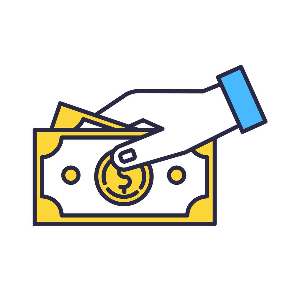 Payment by cash color icon. Hand holding dollars banknotes. Money turnover. Customer paying for products. Shopping and retail. Financial operation. Bribery and corruption. Isolated vector illustration