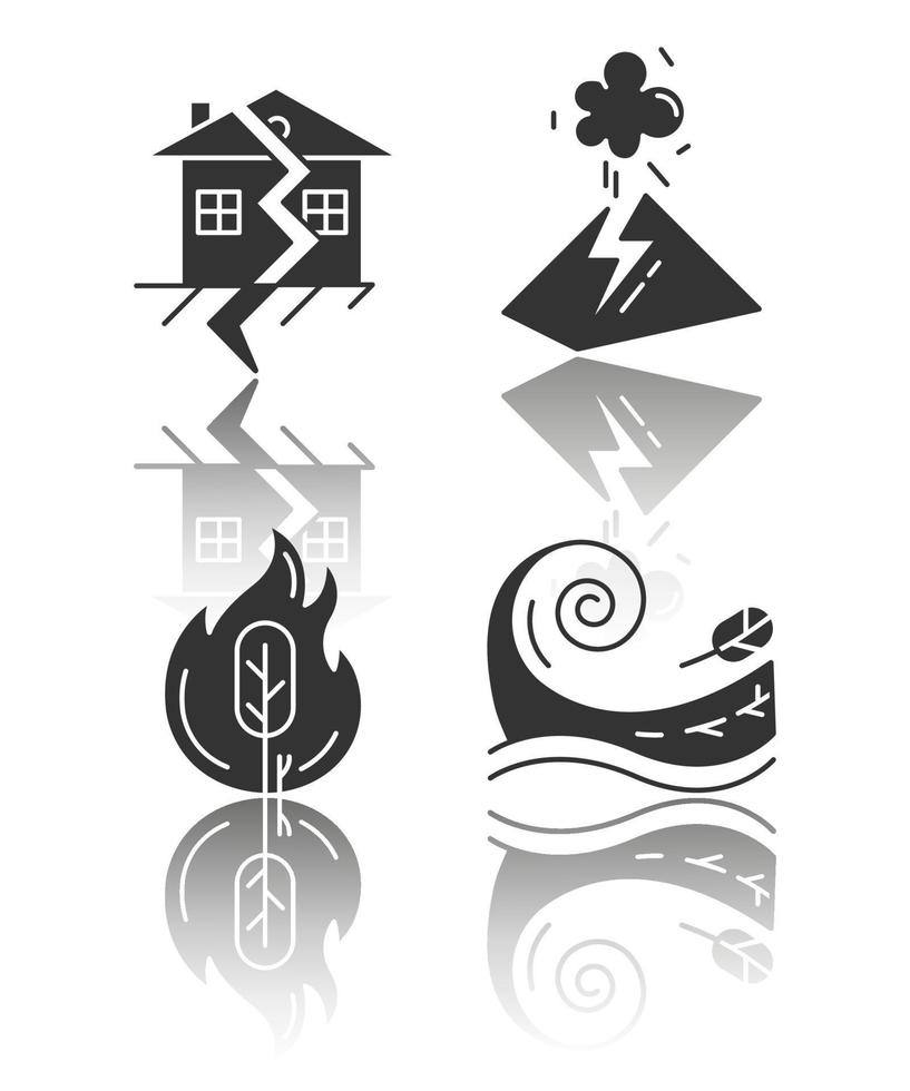 Natural disaster drop shadow black glyph icons set. Global catastrophes. Wildfire, earthquake, volcanic eruption, tsunami. Destructive force of nature. Isolated vector illustrations