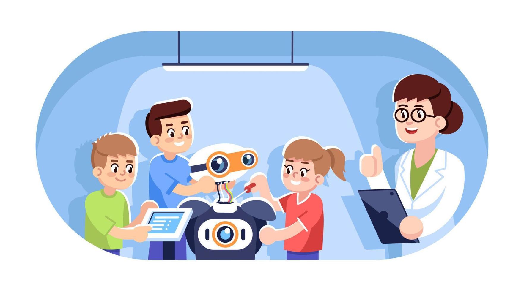 cursos de robótica para niños ilustración vectorial plana. ingeniería, informática para niños. Club despues de la cursos de robótica para niños ilustración vectorial plana. ingeniería, informática para niños. Club despues de la