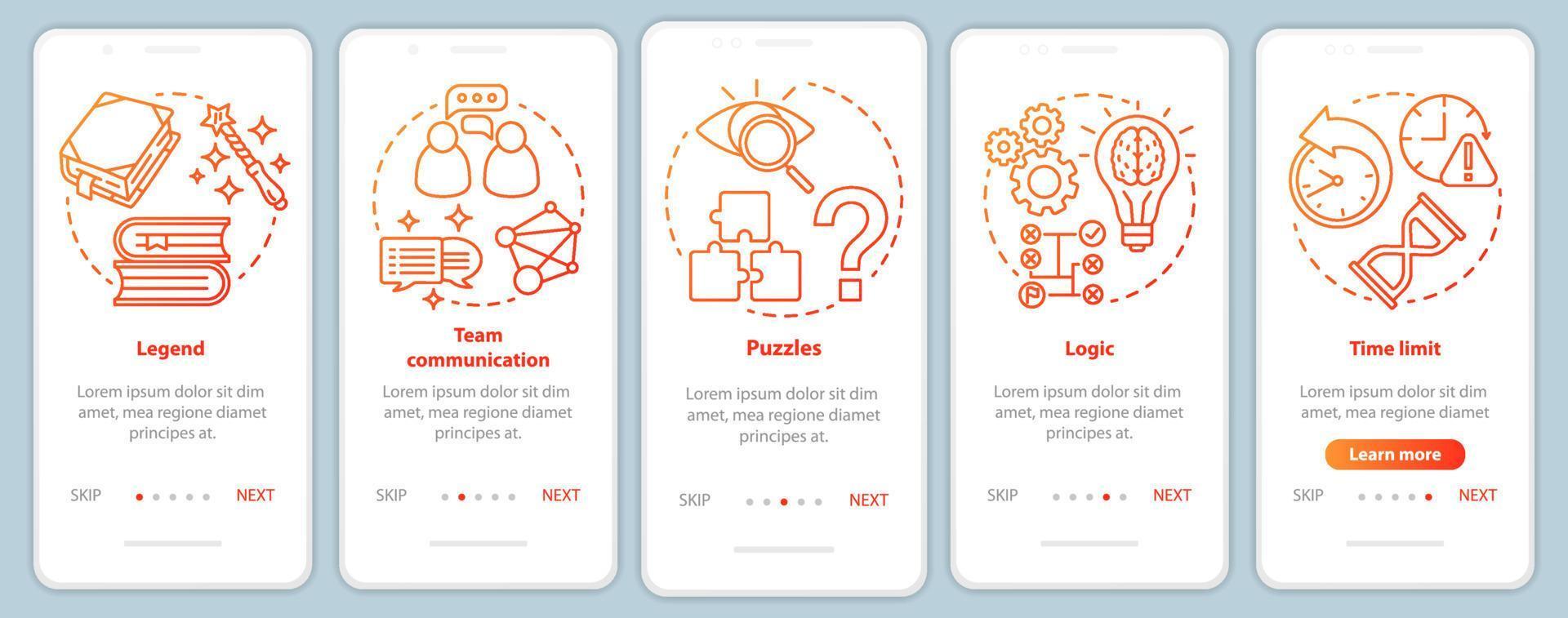Escape room red gradient onboarding mobile app page screen with linear concepts. Quest game. Team communication. Walkthrough steps graphic instructions. UX, UI, GUI vector template with illustrations