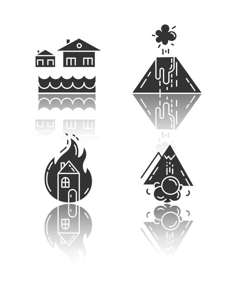 Natural disaster drop shadow black glyph icons set. Destructive force of Earth. Volcanic eruption, flood, fire, avalanche. Insurance case. Emergency management. Isolated vector illustrations