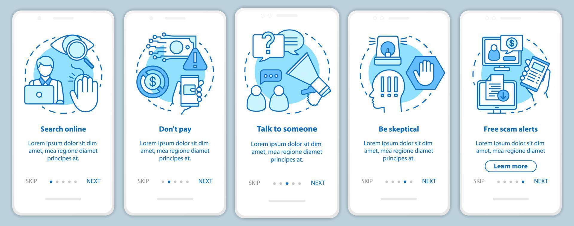 Scam prevention onboarding mobile app page screen with linear concepts. Five walkthrough steps graphic instructions. Free scam alerts. Search online. UX, UI, GUI vector template with illustrations