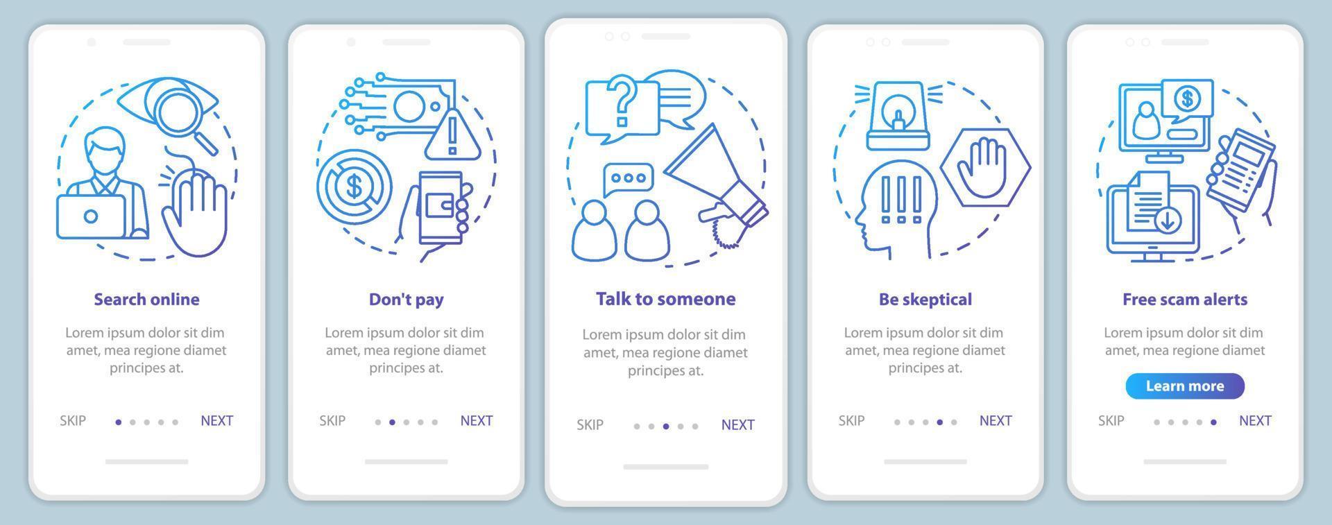 plantilla de vector de pantalla de página de aplicación móvil de incorporación de prevención de estafa. buscar en línea paso a paso del sitio web con ilustraciones lineales. ux, ui, concepto de interfaz de teléfono inteligente gui